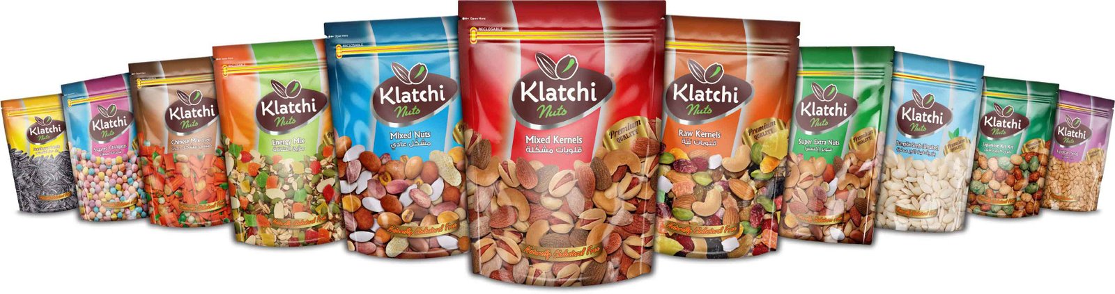 Different types of big bags filled with klatchi nuts 